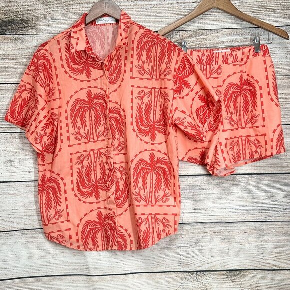Petal & Pup Button-Up Shirt & Shorts Set Womens XS Peach Palms Taylor Cotton - Picture 2 of 16